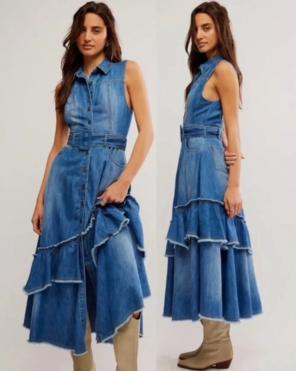 Free People Western Bohemian Ruffle Denim Midi Maxi Dress Belted Cowgirl Small